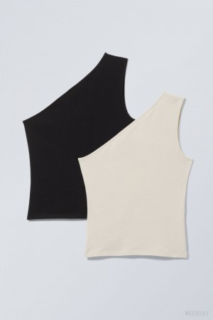 Weekday 2-pack Cindy One Shoulder Tank Top タンクトップ レディース 黒 ベージュ Japan | M8R-0098