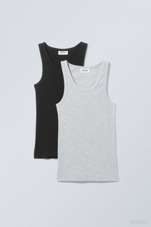 Weekday 2-pack Close Fitted Rib Tank Top タンクトップ レディース 黒 グレー Japan | S2H-7321