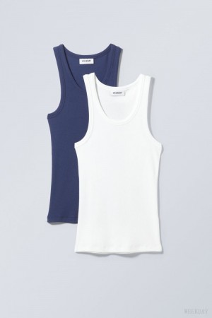 Weekday 2-pack Close Fitted Rib Tank Top タンクトップ レディース 青 白 Japan | Y5X-8193