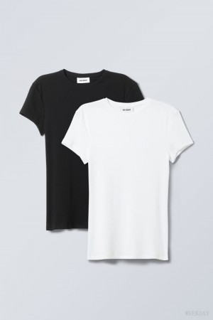 Weekday 2-pack Close Fitted Rib T-shirt Tシャツ レディース Blk & wht Japan | H4U-7789