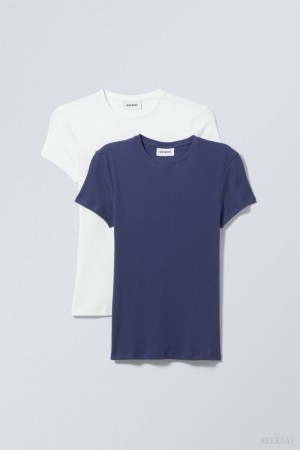 Weekday 2-pack Close Fitted Rib T-shirt Tシャツ レディース 白 青 Japan | W1C-8975