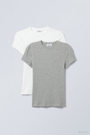 Weekday 2-pack Close Fitted Rib T-shirt Tシャツ レディース 白 グレー Japan | Z5X-7407