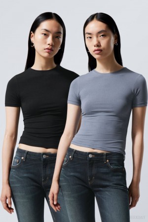 Weekday 2-pack Slim Fitted T-shirt Tシャツ レディース 黒 Japan | Z6Q-3936