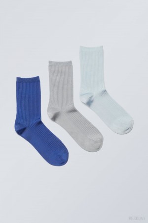 Weekday 3-pack Lova Shiny Socks ソックス レディース 青 グレー Japan | I7T-6886