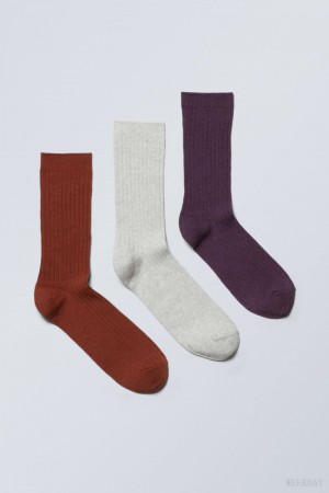 Weekday 3-pack Rib Socks ソックス メンズ オレンジ ベージュ 紫 Japan | M0Q-0120