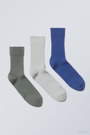 Weekday 3-pack Selma Socks ソックス レディース 青 グレー 緑 Japan | V6O-8520