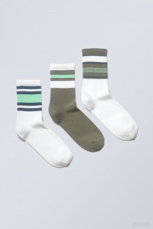 Weekday 3-pack ストライプ 運動 Socks ソックス メンズ 緑 Japan | U4F-8255