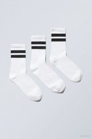 Weekday 3-pack ストライプ 運動 Socks ソックス メンズ 白 黒 Japan | M5D-9034