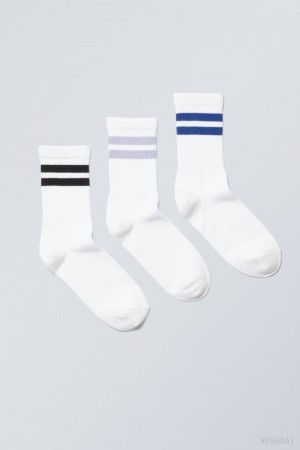 Weekday 3-pack 運動 ストライプ Socks ソックス レディース 黒 紫 青 Japan | C7P-3852