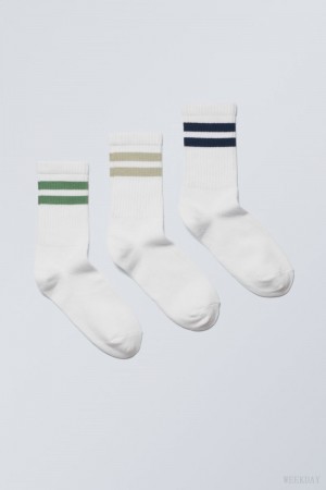 Weekday 3-pack 運動 ストライプ Socks ソックス レディース 緑 カーキ 黒 Japan | D3Y-3903