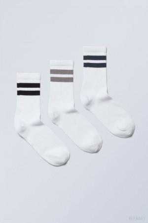 Weekday 3-pack ストライプ 運動 Socks ソックス メンズ グレー ネイビー 黒 Japan | F3N-6592