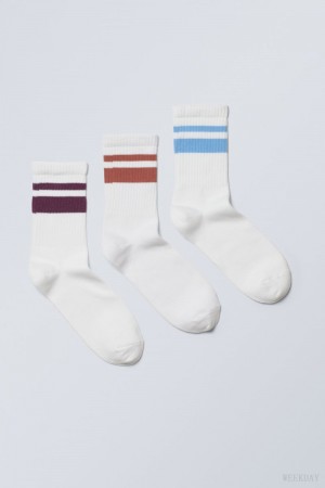 Weekday 3-pack ストライプ 運動 Socks ソックス メンズ 紫 オレンジ 青 Japan | P1T-5046