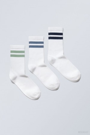 Weekday 3-pack 運動 ストライプ Socks ソックス レディース 黒 青 緑 Japan | W0P-3694