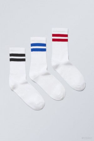 Weekday 3-pack 運動 ストライプ Socks ソックス レディース 青 黒 赤 Japan | Y6T-7303