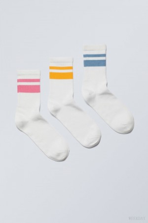 Weekday 3-pack ストライプ 運動 Socks ソックス メンズ ピンク 黄色 青 Japan | Y7K-0363