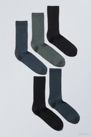 Weekday 5-pack Rib Socks ソックス メンズ 暗グレー 青 緑 Japan | A4L-0024