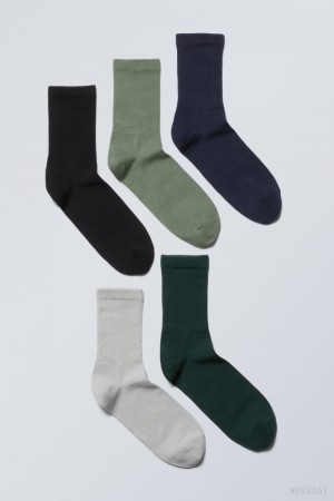 Weekday 5-pack 運動 Socks ソックス レディース 緑 黒 グレー ネイビー Japan | W7O-2120