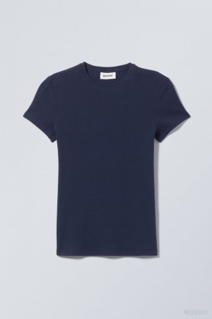 Weekday Close Fitted Rib T-Shirt Tシャツ レディース 暗青 Japan | Q0S-3503