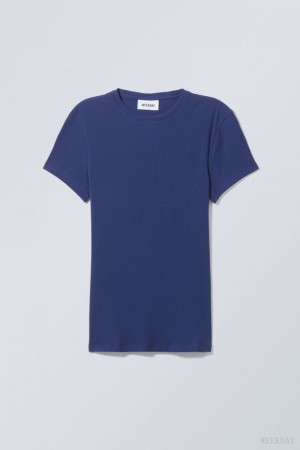 Weekday Close Fitted Rib T-Shirt Tシャツ レディース ネイビー 青 Japan | A5U-2868