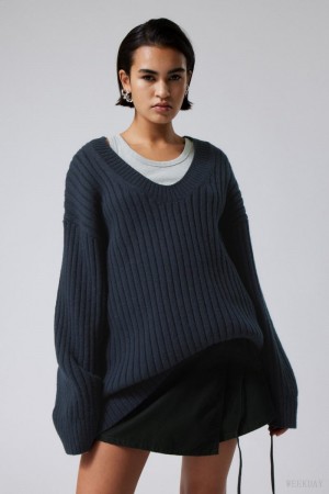 Weekday Eden Oversized ウール Blend Sweater セーター レディース ネイビー Japan | B9B-3634