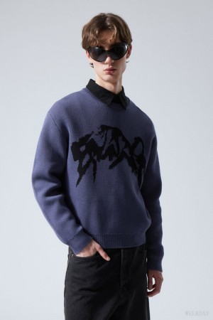 Weekday Fabian グラフィック Sweater セーター メンズ 青 Japan | C0M-1165