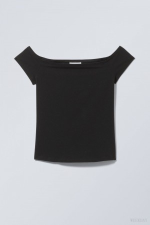 Weekday Off Shoulder T-shirt Tシャツ レディース 黒 Japan | V0H-8908