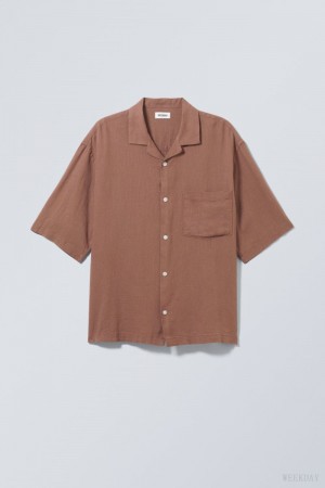 Weekday Oversized Linen Short Sleeve Shirt シャツ メンズ ブラウン Japan | D3S-3966