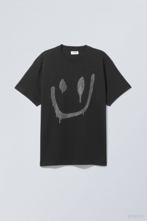 Weekday Oversized グラフィック Printed T-shirt Tシャツ メンズ Drippy Rhinestone Smiley Japan | L8A-8834