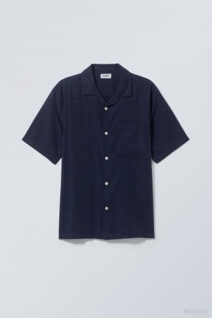 Weekday Relaxed Resort Short Sleeve Shirt シャツ メンズ 暗青 Japan | P1R-6072