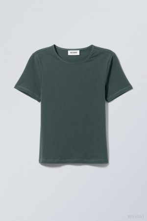 Weekday Slim Fitted T-shirt Tシャツ レディース 暗緑 Japan | I6Z-4092