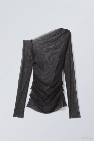 Weekday Transparent Drape Asymmetric Long Sleeve Tシャツ レディース 黒 Japan | L9T-3797