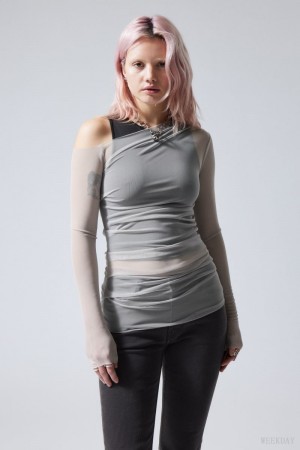 Weekday Transparent Drape Asymmetric Long Sleeve Tシャツ レディース ライトグレー Japan | C2D-0193