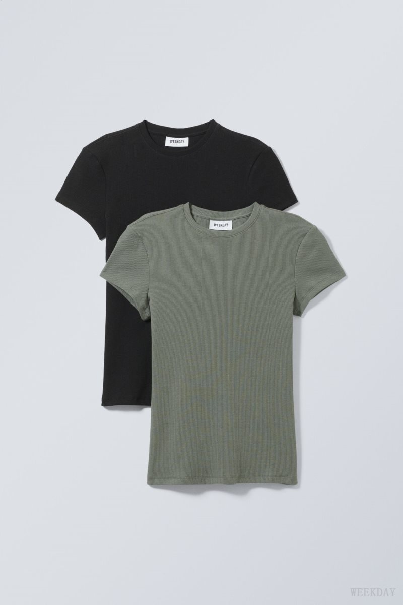 Weekday 2-pack Close Fitted Rib T-shirt Tシャツ レディース 黒 カーキ Japan | N7V-6946