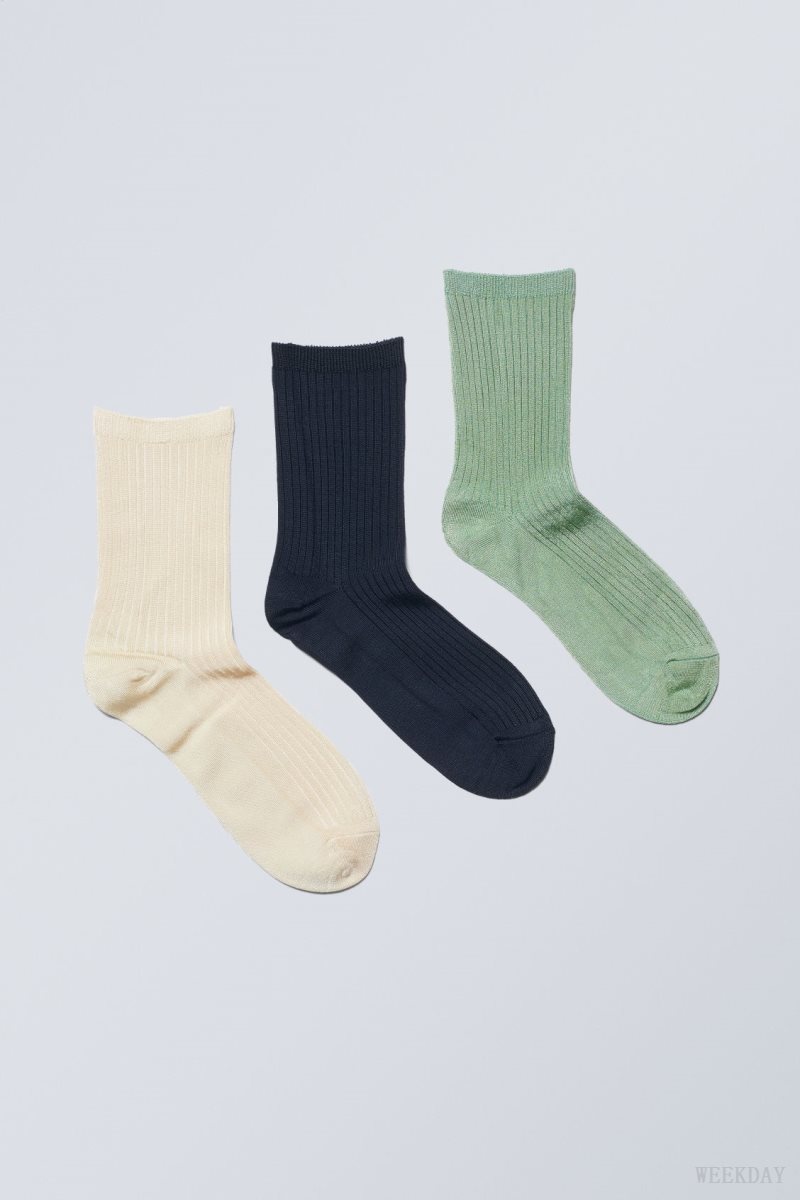 Weekday 3-pack Lova Shiny Socks ソックス レディース Weiß ネイビー 緑 Japan | B1K-4021