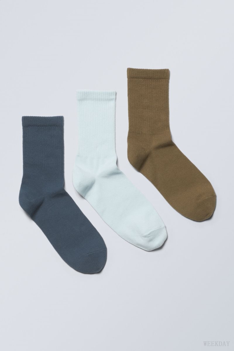 Weekday 3-pack 運動 Socks ソックス メンズ 青 青 カーキ Japan | A8M-8381