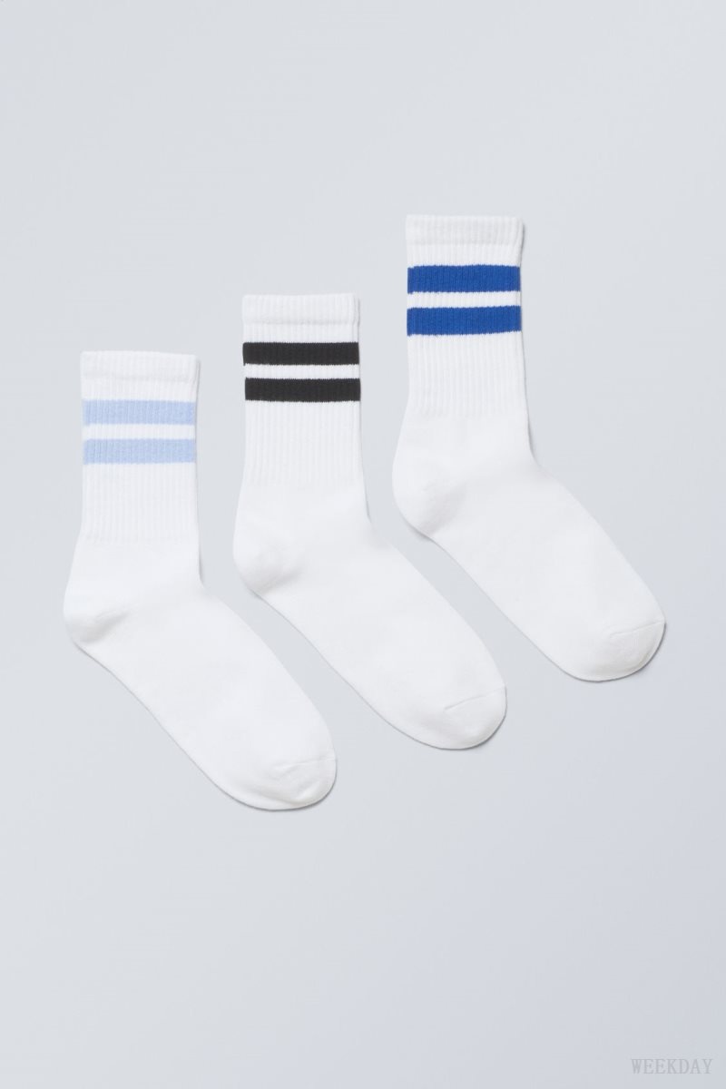 Weekday 3-pack ストライプ 運動 Socks ソックス メンズ ライト青 Japan | H7O-3585