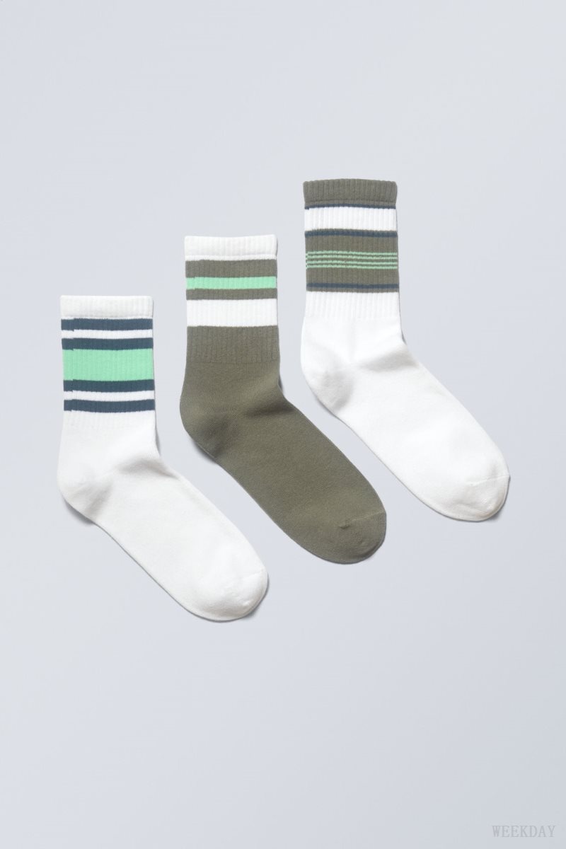 Weekday 3-pack ストライプ 運動 Socks ソックス メンズ 緑 Japan | U4F-8255