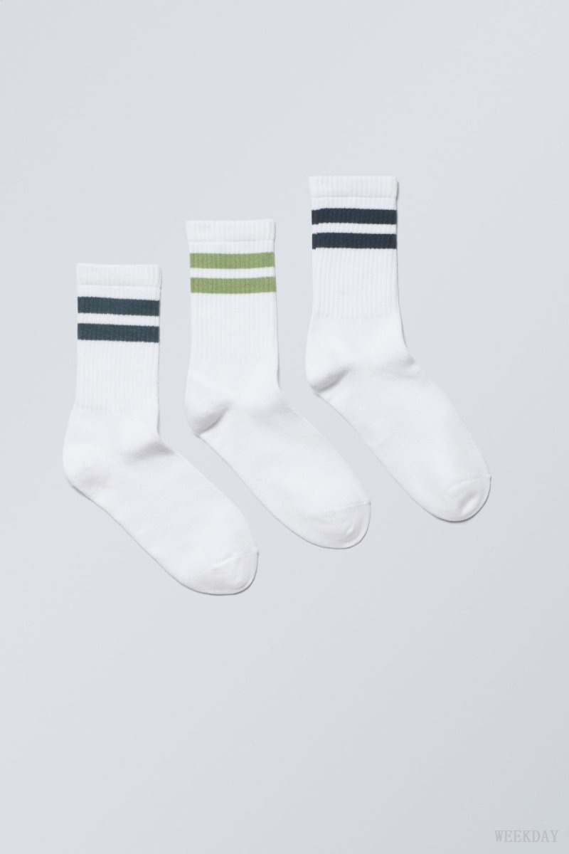 Weekday 3-pack 運動 ストライプ Socks ソックス レディース 緑 Japan | Y8Y-0859