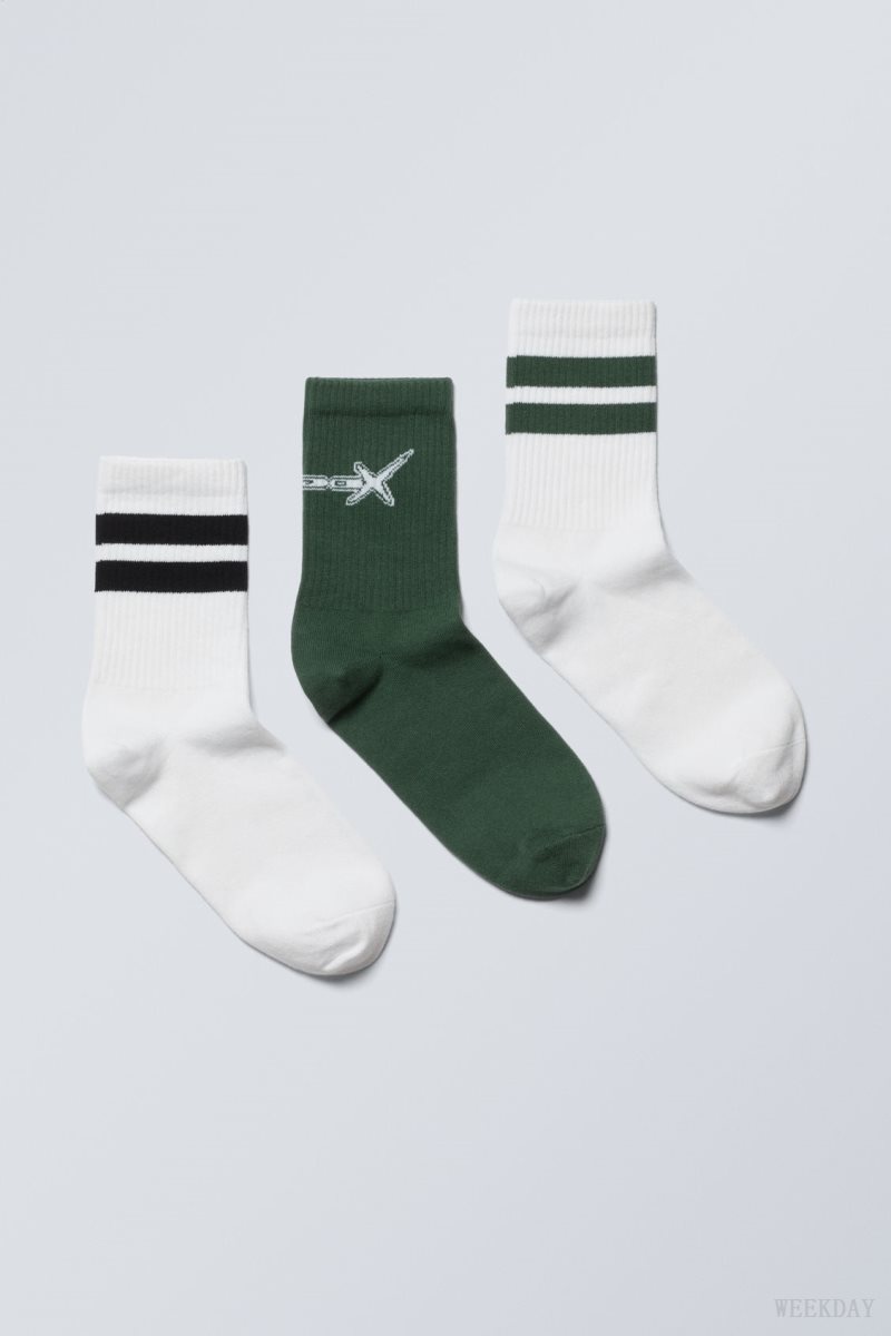 Weekday 3-pack 運動 グラフィック Socks ソックス メンズ 緑 黒 Japan | H8L-9460