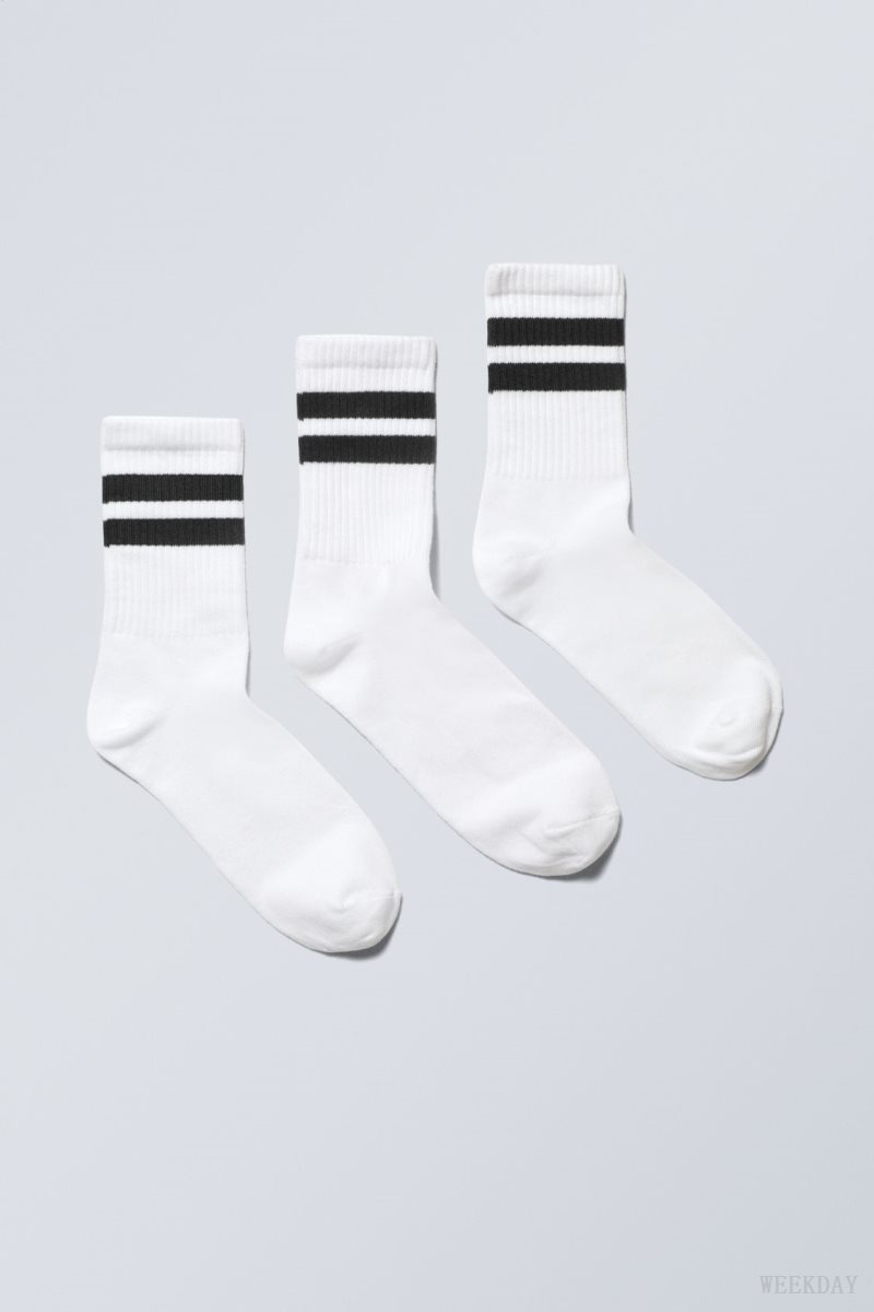 Weekday 3-pack 運動 ストライプ Socks ソックス レディース 白 ライト Japan | T2R-8112