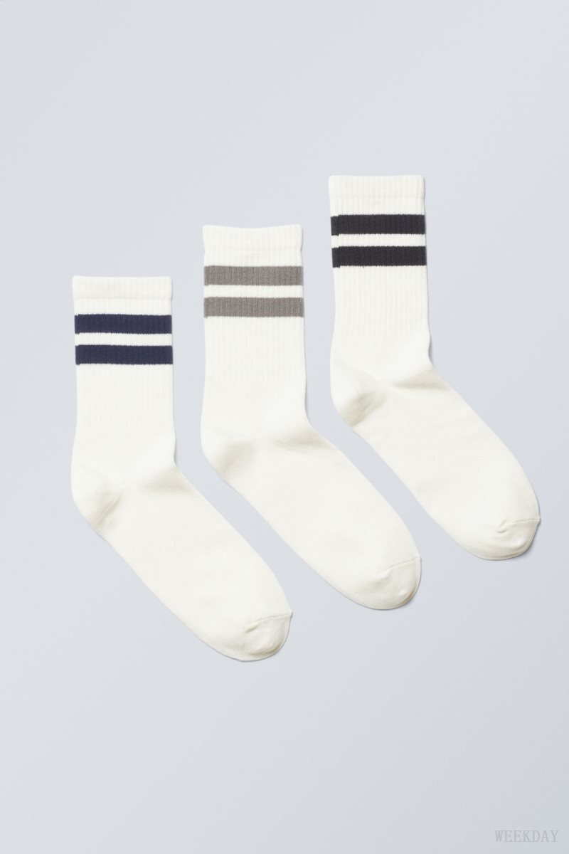 Weekday 3-pack ストライプ 運動 Socks ソックス メンズ グレー ネイビー 黒 Japan | M8B-1143