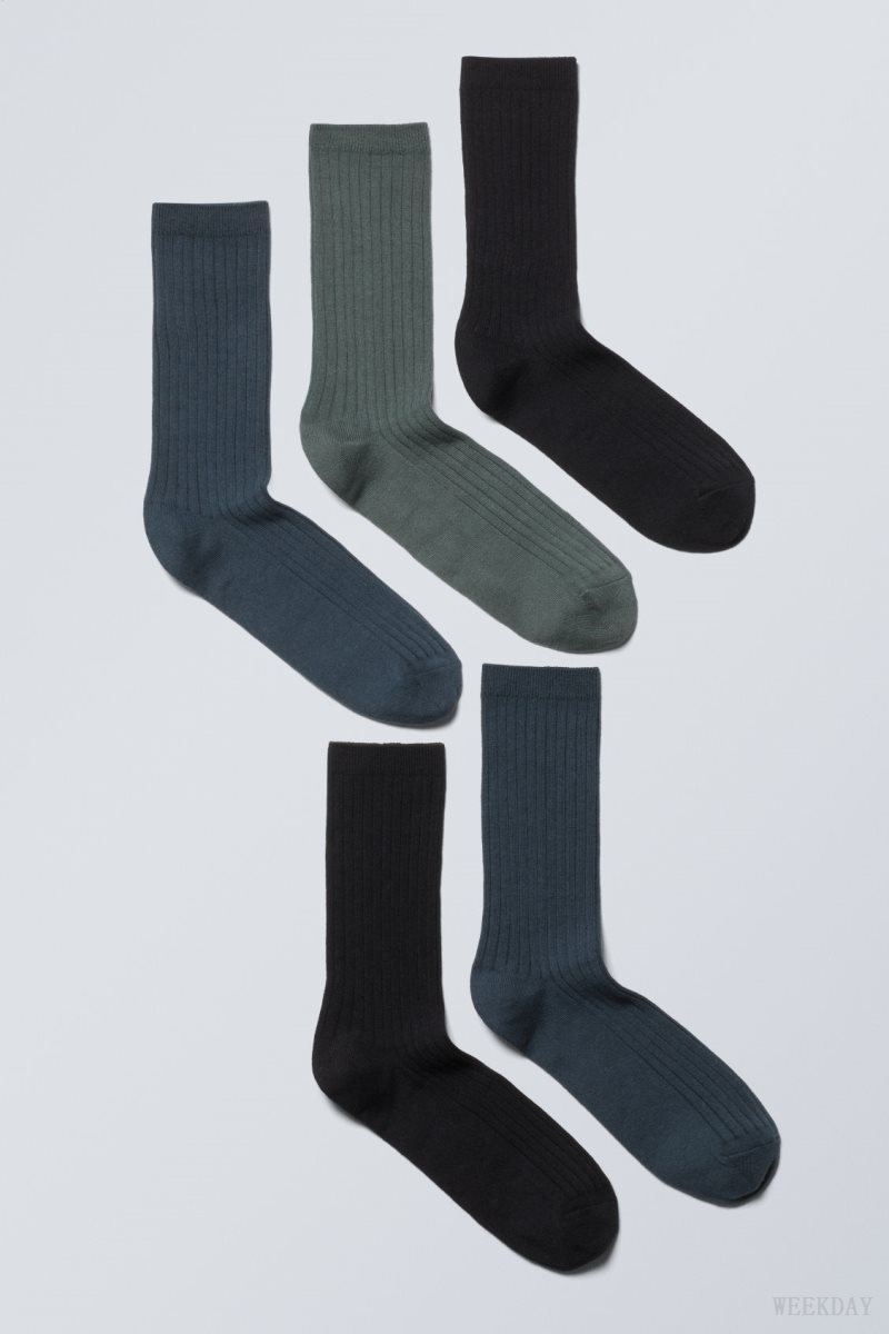 Weekday 5-pack Rib Socks ソックス メンズ 暗グレー 青 緑 Japan | A4L-0024