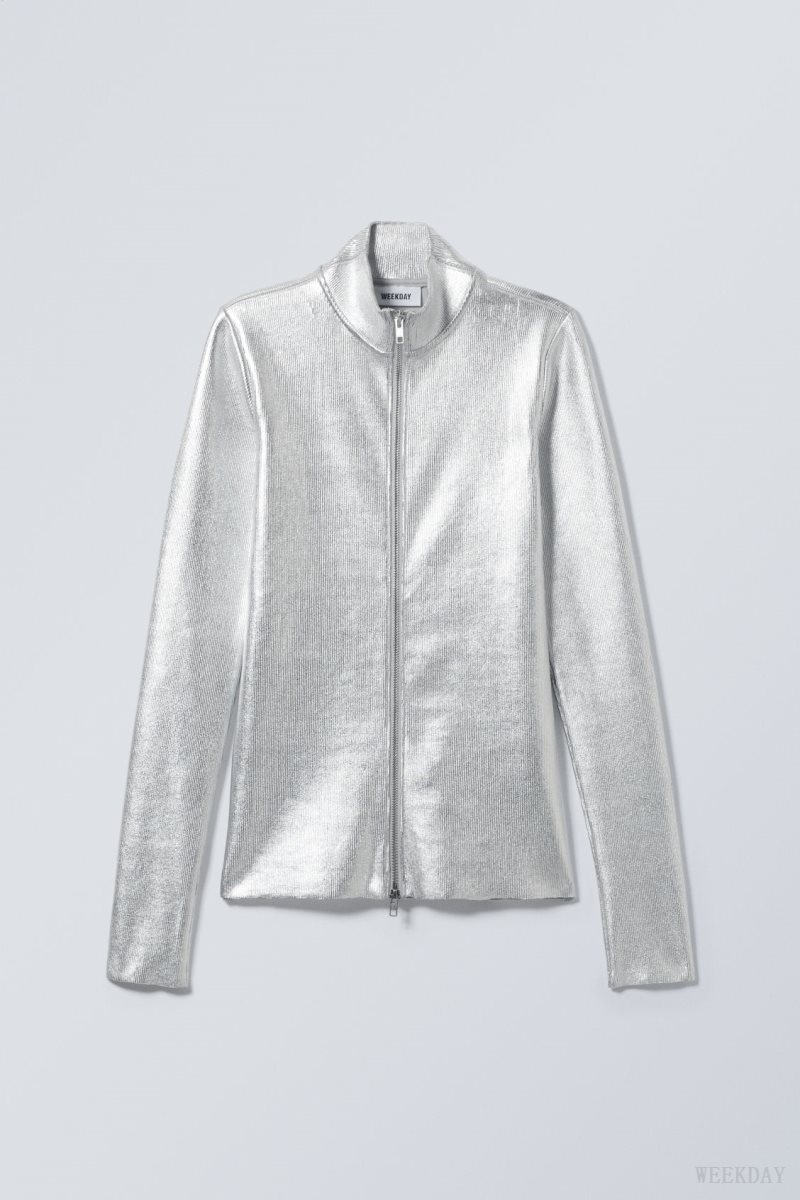 Weekday Angie Silver Coated Longsleeve Cardigan トップス レディース シルバー Japan | J3E-2623