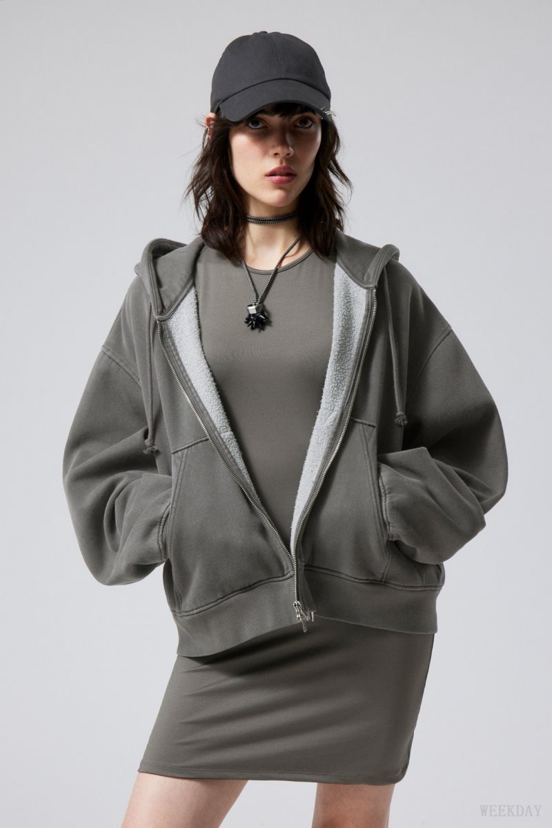 Weekday Boxy Heavyweight Zip Hoodie パーカー レディース 暗グレー Japan | H2S-2421