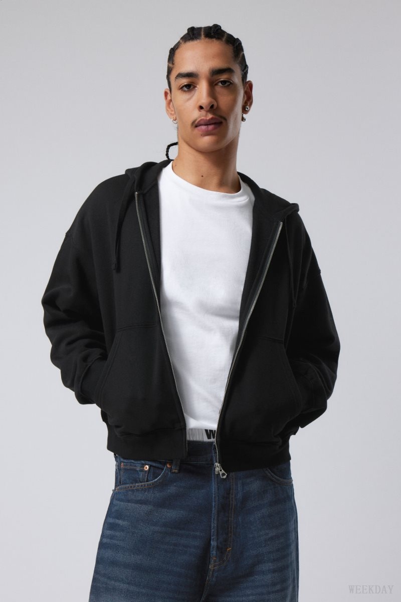 Weekday Boxy Midweight Zip Hoodie パーカー メンズ 黒 Japan | X8V-3953