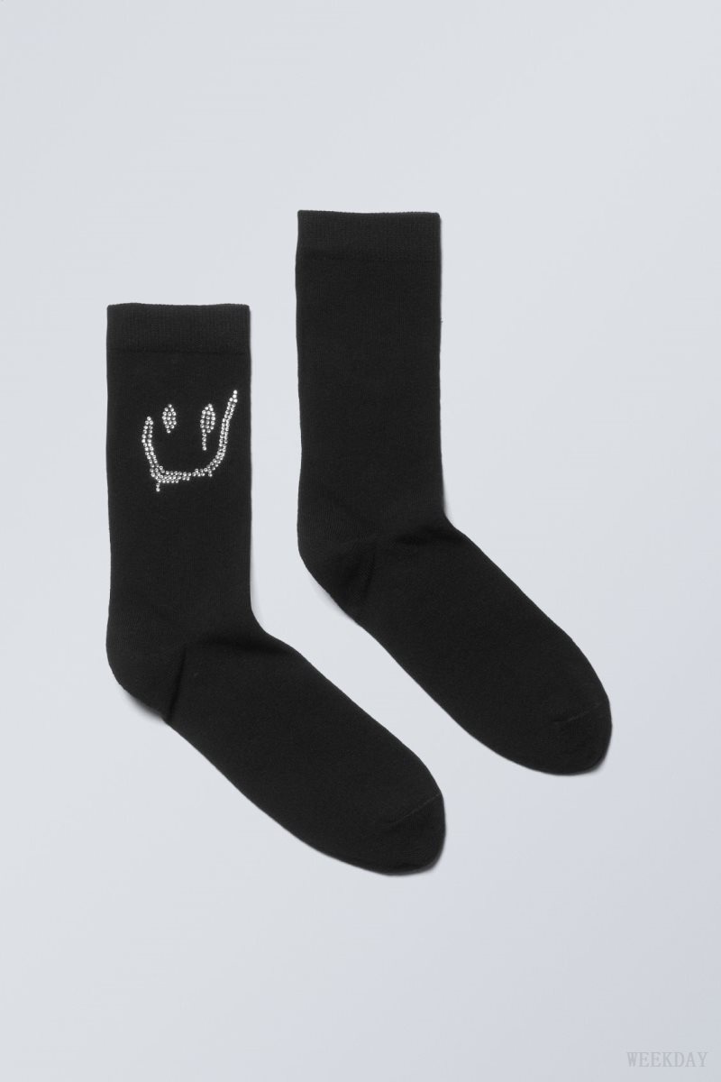 Weekday Cotton Rhinestone Socks ソックス レディース 黒 Japan | B5P-6464