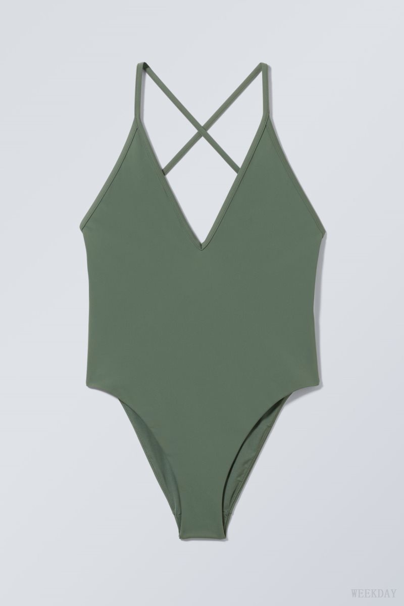 Weekday Deep V-neck Swimsuit 水着 レディース 緑 Japan | T7F-0153