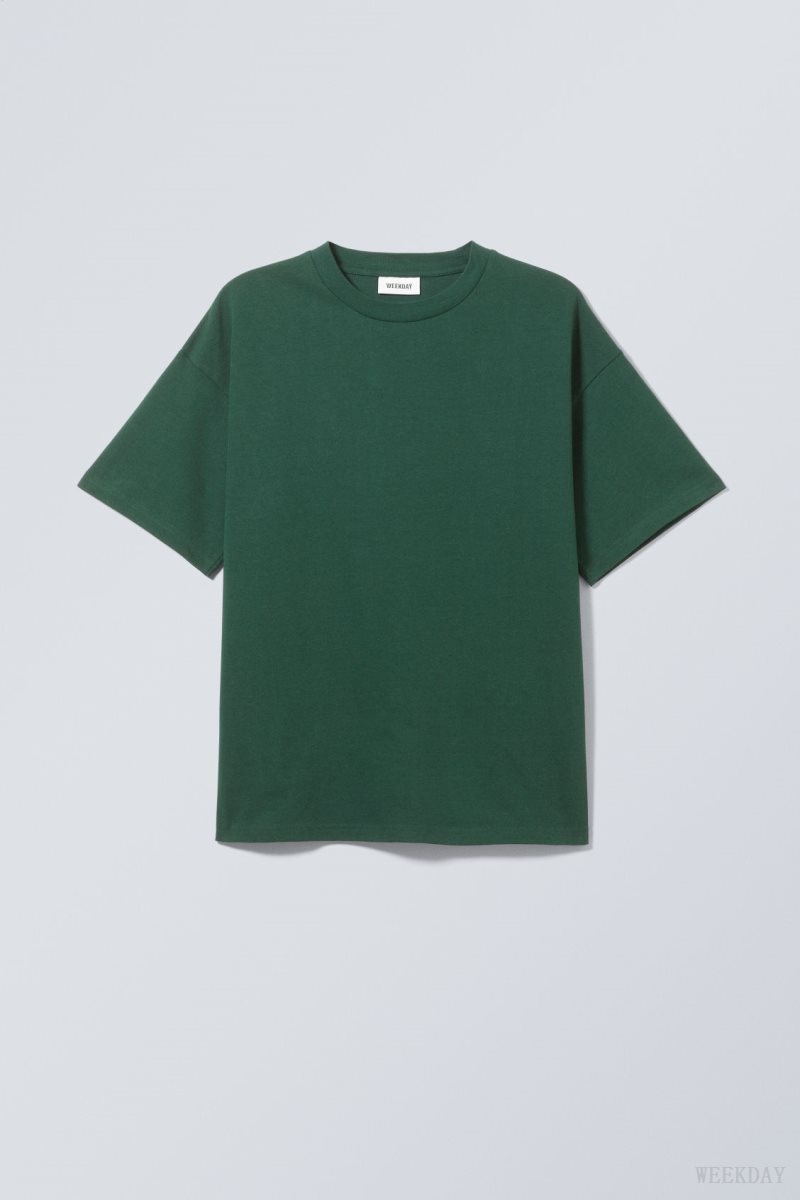 Weekday Great Boxy Heavyweight T-Shirt Tシャツ メンズ 暗緑 Japan | P4H-8226