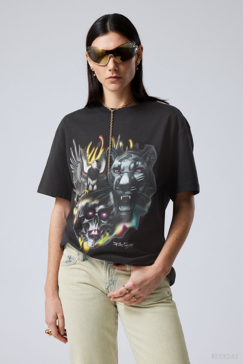 Weekday Oversized グラフィック Printed T-shirt Tシャツ レディース Raw Animals Energy Japan | U7G-8146