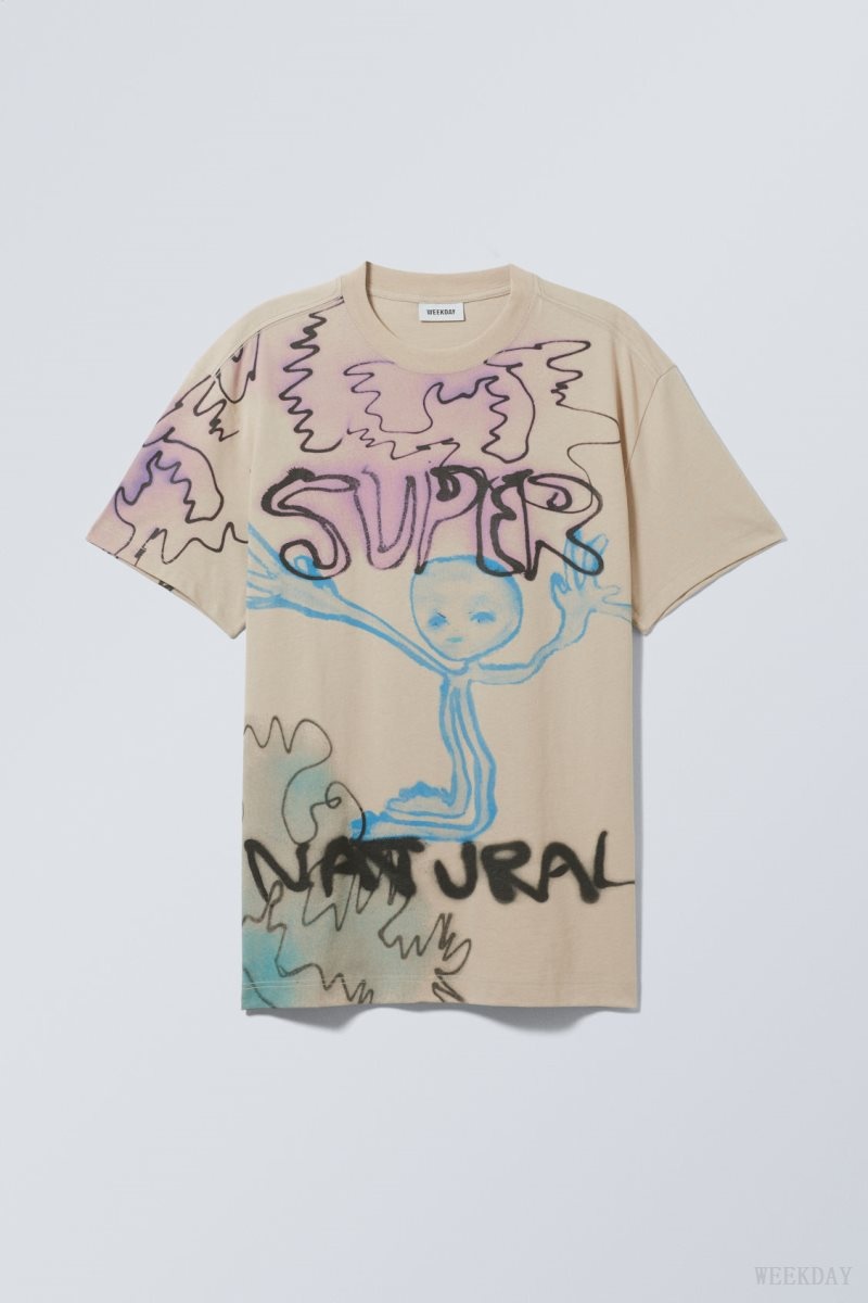 Weekday Oversized グラフィック Printed T-shirt Tシャツ メンズ ベージュ Japan | N6N-4350